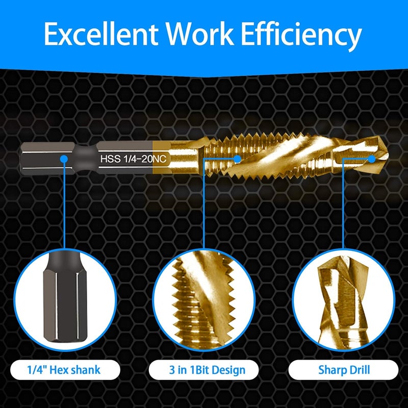 DKIBBITH 6-pc 10-32NC Combination Drill Tap Bit Set SAE, 10-32NC Thread Size, Titanium Coated High-Speed Steel, Ideal for Drilling Threading and Countersinking in Soft Metal Wood and Plastic, 1/4” Hex Shank - Image 4